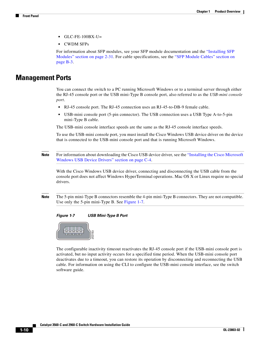 Cisco Systems 3560-C manual Management Ports, USB Mini-Type B Port 