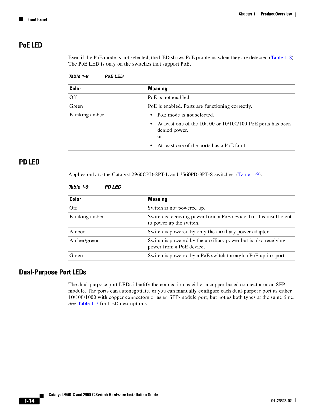 Cisco Systems 3560-C manual PoE LED, Dual-Purpose Port LEDs, Color Meaning 