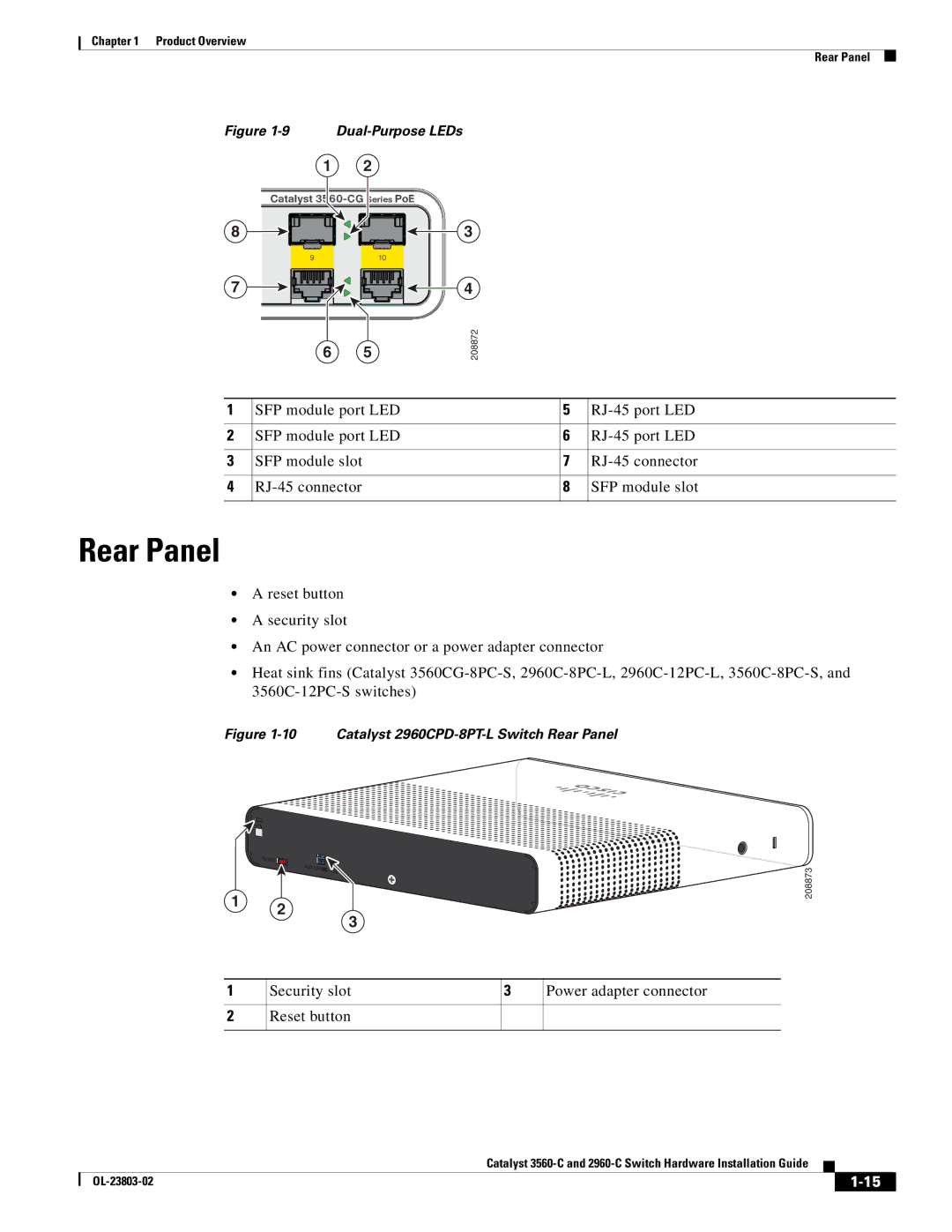 Cisco Systems 3560-C manual Rear Panel, Security slot Power adapter connector Reset button 