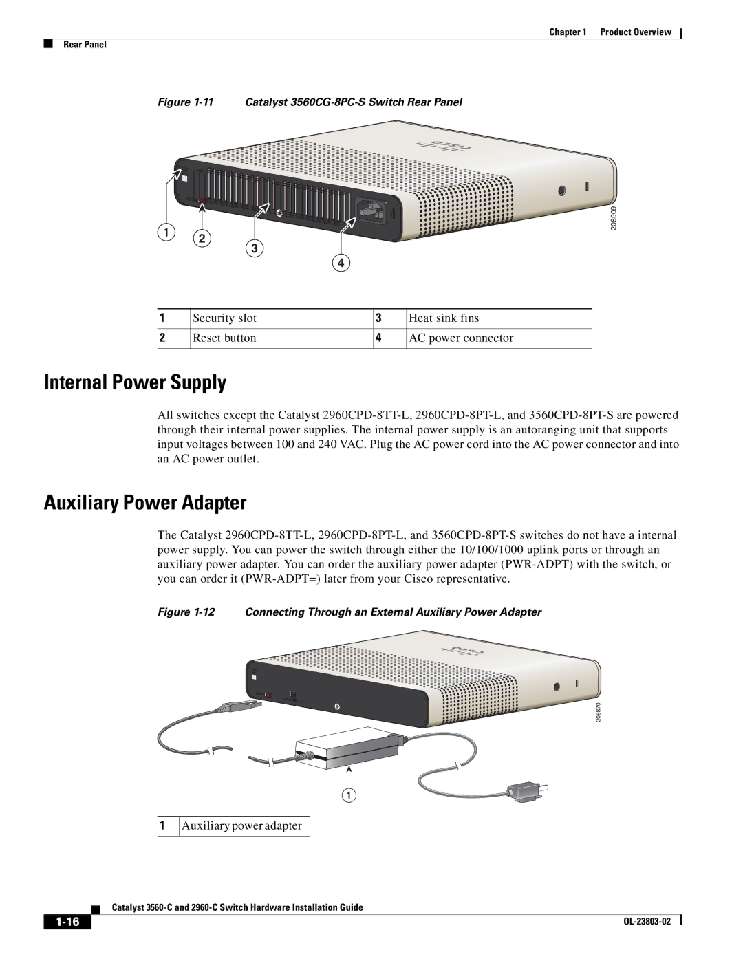 Cisco Systems 3560-C manual Internal Power Supply, Auxiliary Power Adapter, Auxiliary power adapter 