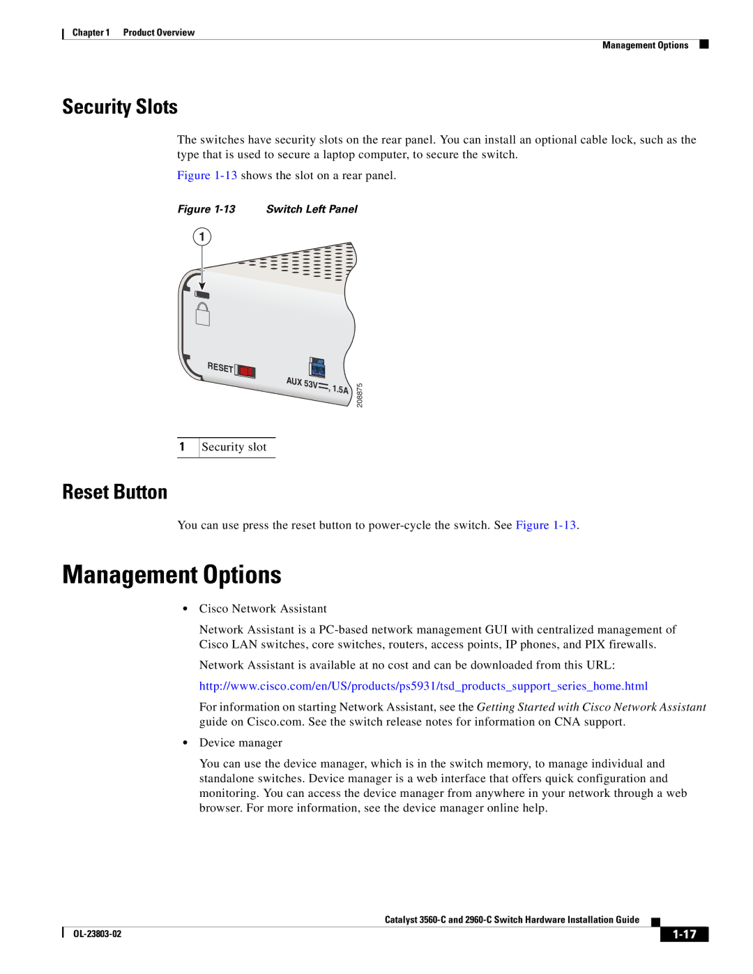 Cisco Systems 3560-C manual Management Options, Security Slots, Reset Button 