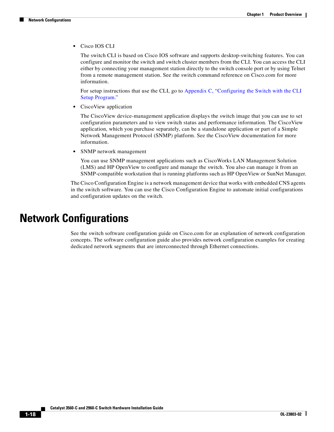 Cisco Systems 3560-C manual Network Configurations, Cisco IOS CLI 