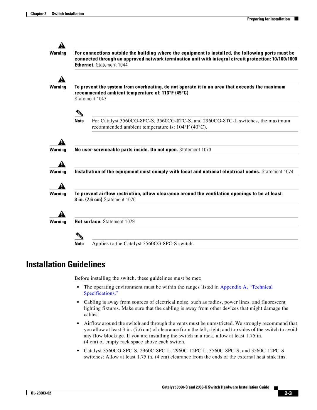 Cisco Systems 3560-C manual Installation Guidelines 