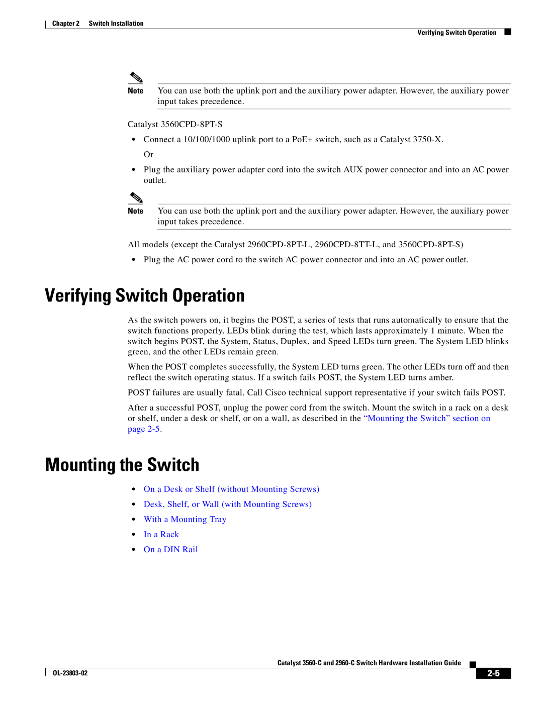 Cisco Systems 3560-C manual Verifying Switch Operation, Mounting the Switch 