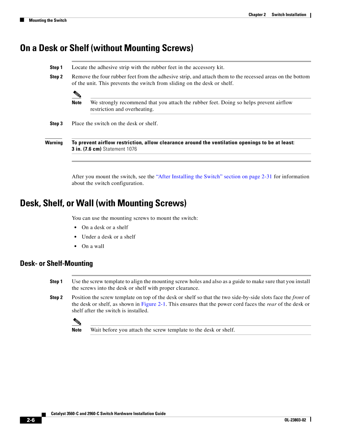 Cisco Systems 3560-C manual On a Desk or Shelf without Mounting Screws, Desk, Shelf, or Wall with Mounting Screws 