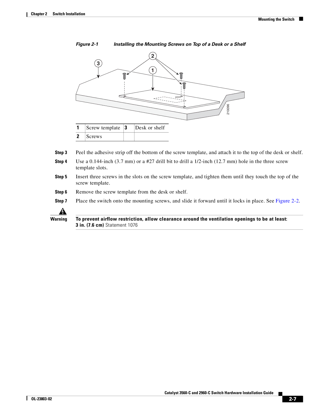 Cisco Systems 3560-C manual Installing the Mounting Screws on Top of a Desk or a Shelf 