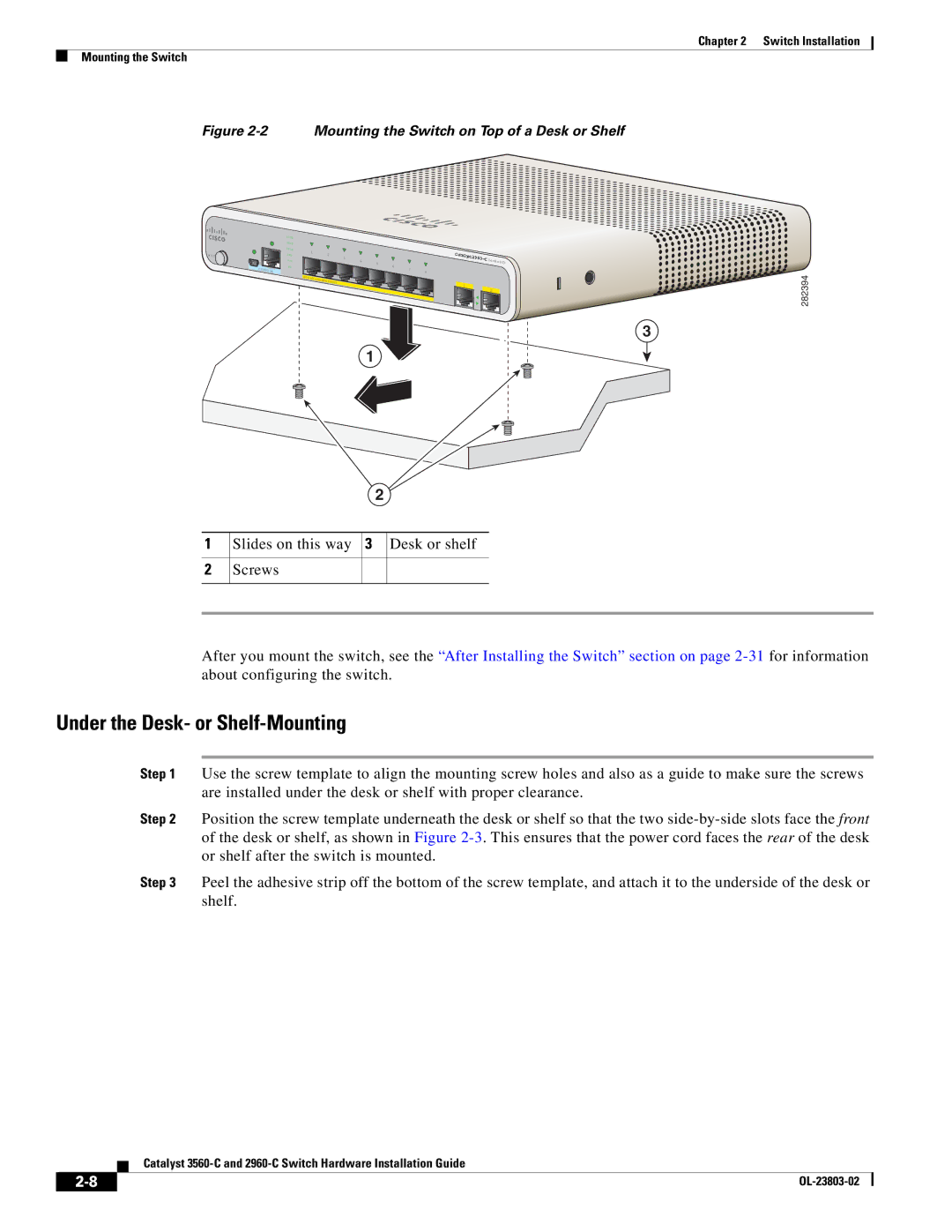 Cisco Systems 3560-C manual Under the Desk- or Shelf-Mounting, Mounting the Switch on Top of a Desk or Shelf 