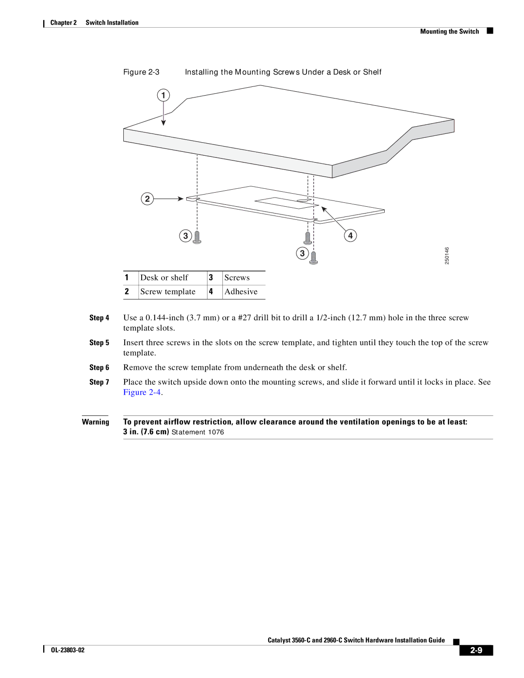 Cisco Systems 3560-C Desk or shelf Screws Screw template Adhesive, Installing the Mounting Screws Under a Desk or Shelf 