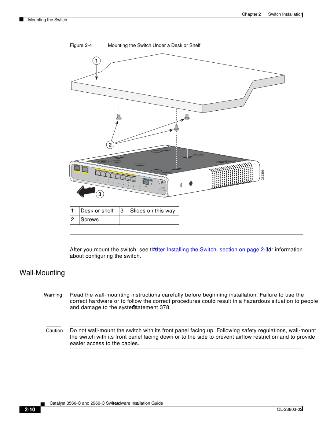 Cisco Systems 3560-C manual Wall-Mounting, Desk or shelf Slides on this way 