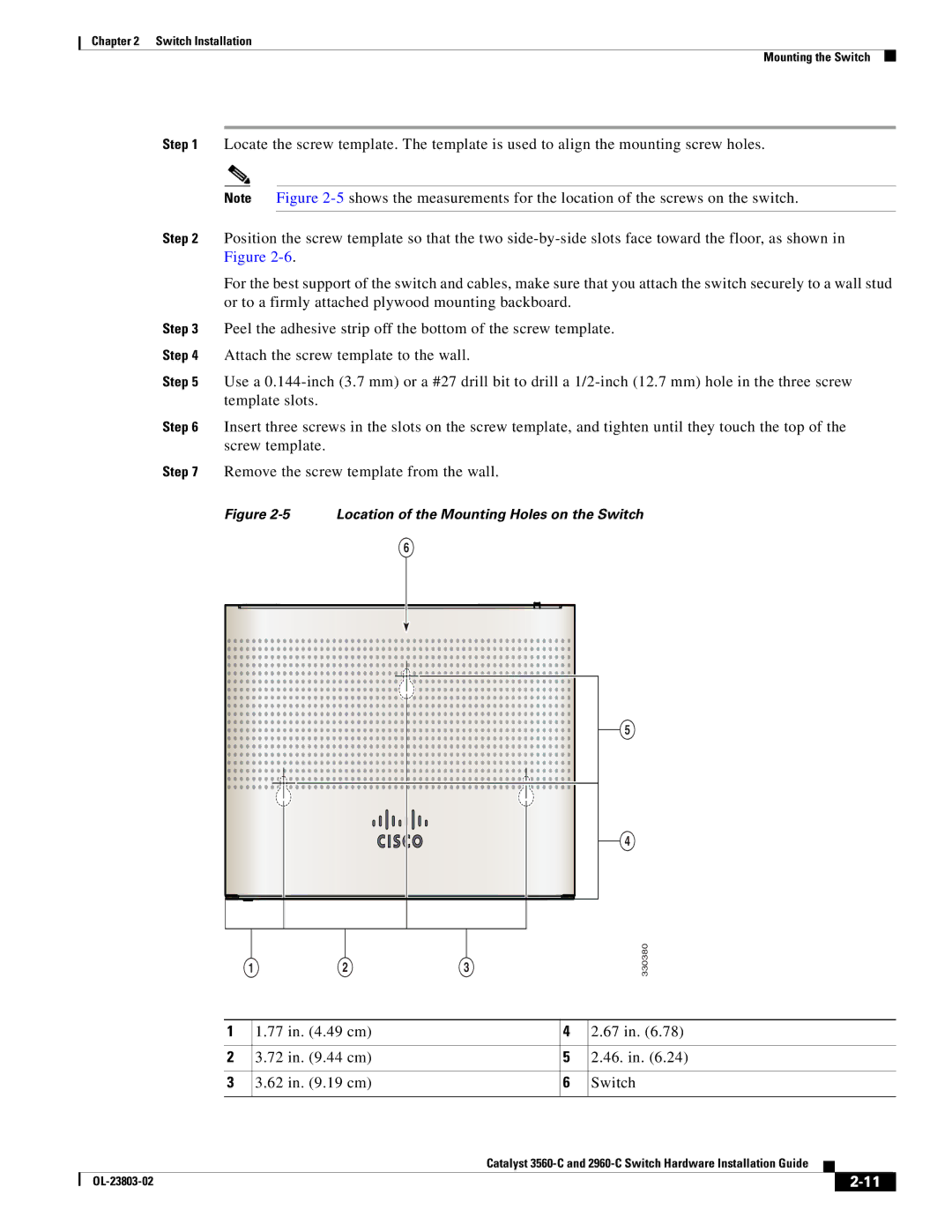 Cisco Systems 3560-C manual 77 in .49 cm 72 in .44 cm 46. 62 in .19 cm Switch, Location of the Mounting Holes on the Switch 