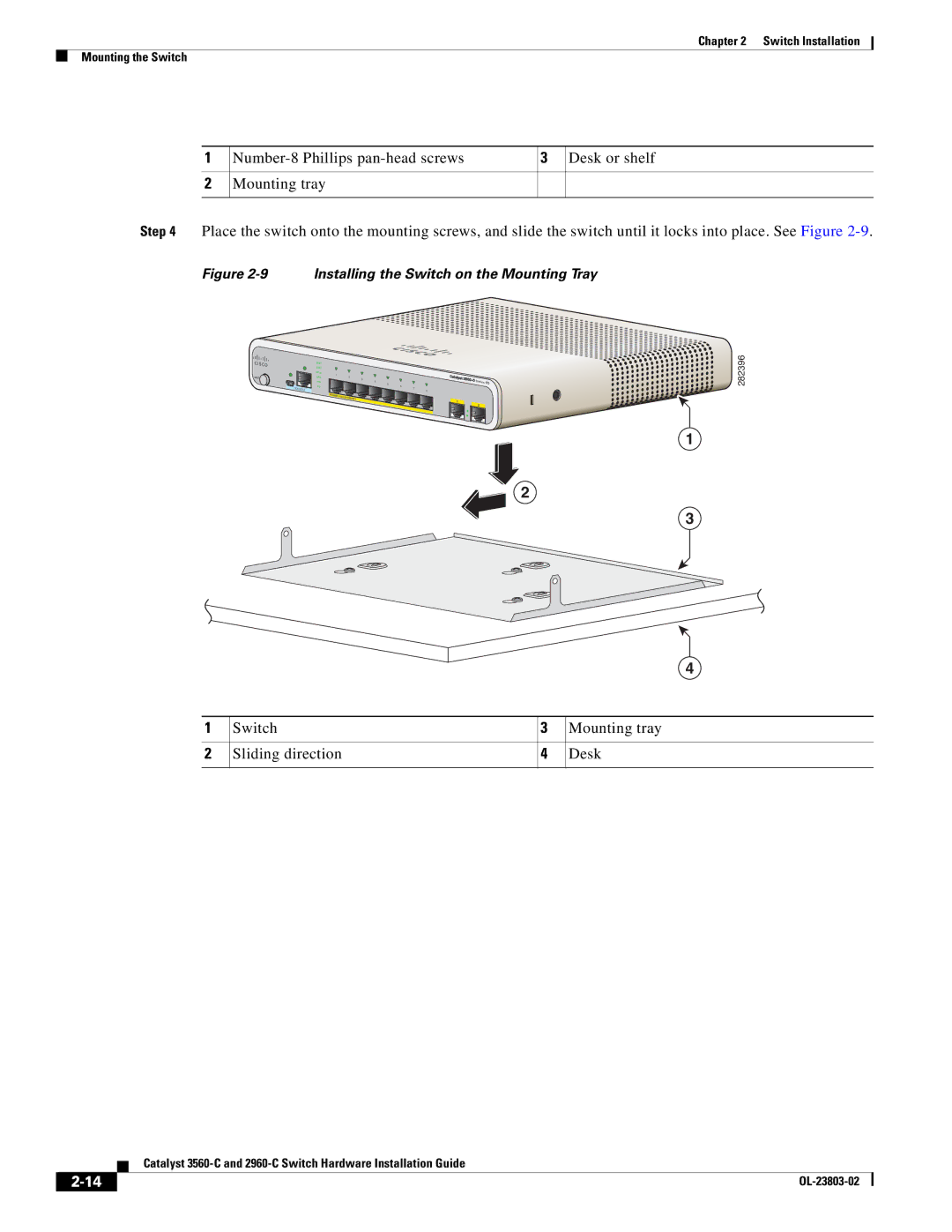 Cisco Systems 3560-C manual Switch Mounting tray Sliding direction Desk, Installing the Switch on the Mounting Tray 