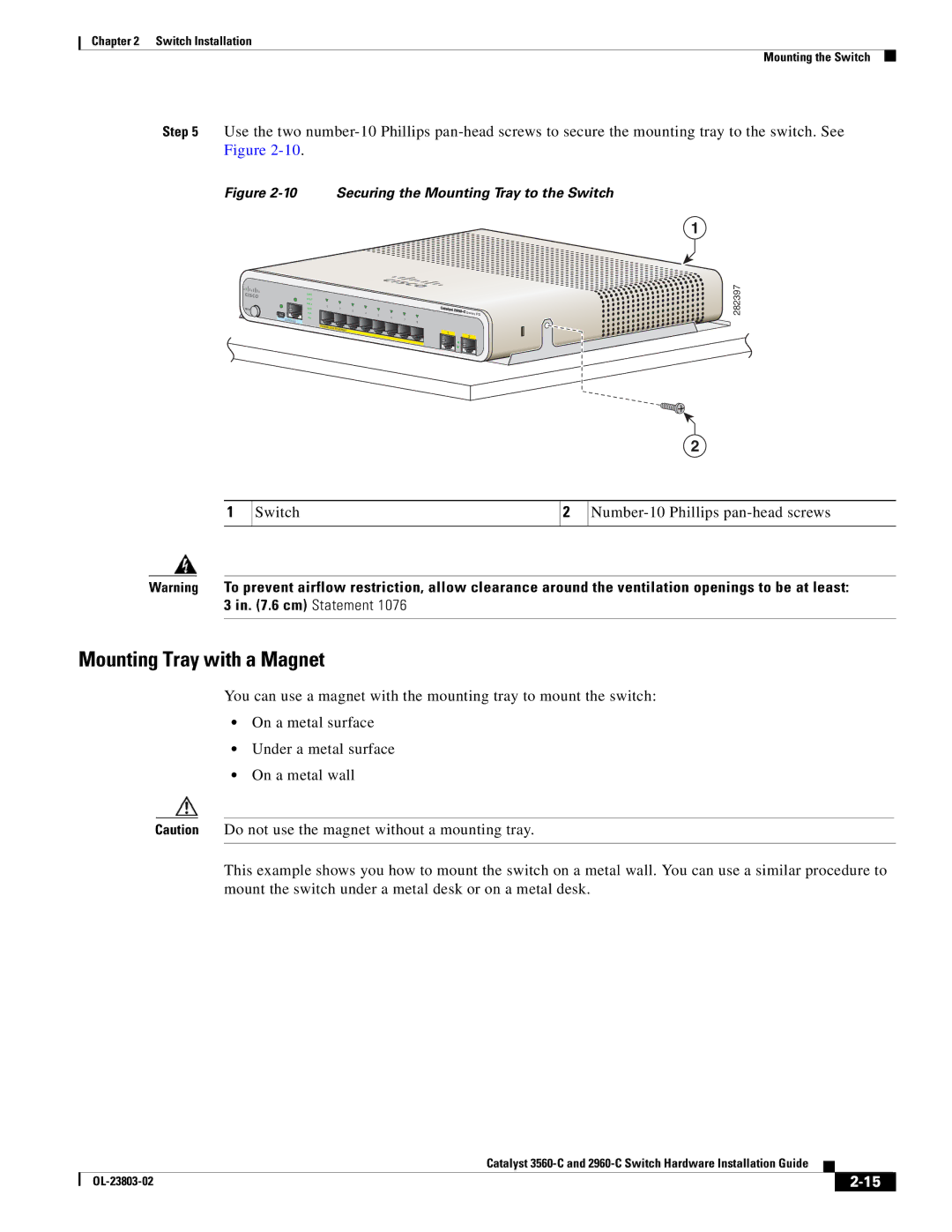 Cisco Systems 3560-C manual Mounting Tray with a Magnet, Switch Number-10 Phillips pan-head screws 