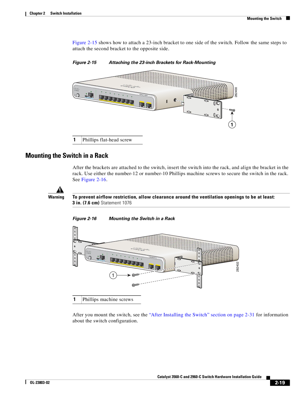 Cisco Systems 3560-C manual Mounting the Switch in a Rack, Attaching the 23-inch Brackets for Rack-Mounting 