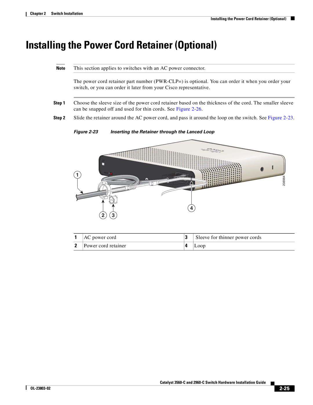 Cisco Systems 3560-C manual Installing the Power Cord Retainer Optional, Inserting the Retainer through the Lanced Loop 