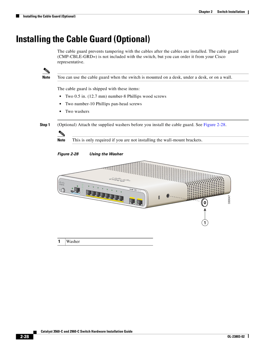 Cisco Systems 3560-C manual Installing the Cable Guard Optional, Washer 