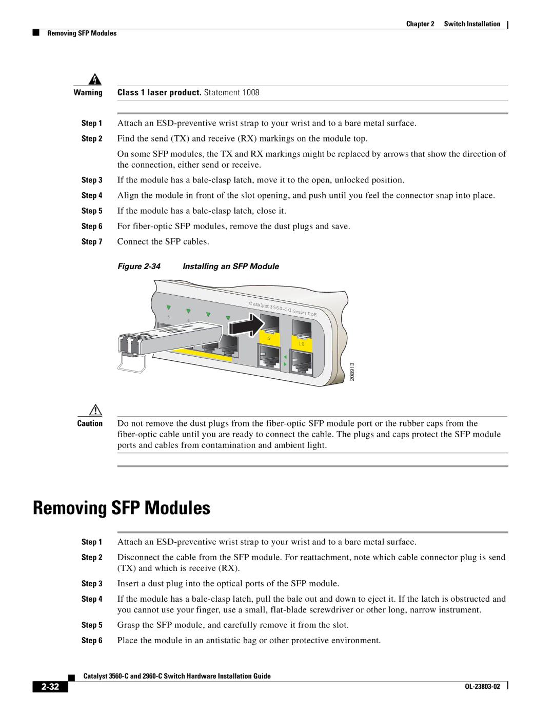 Cisco Systems 3560-C manual Removing SFP Modules, TX and which is receive RX 