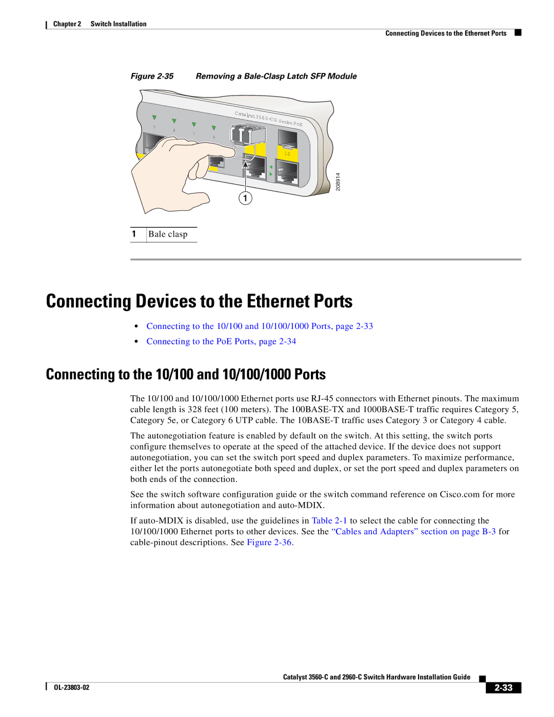 Cisco Systems 3560-C Connecting Devices to the Ethernet Ports, Connecting to the 10/100 and 10/100/1000 Ports, Bale clasp 