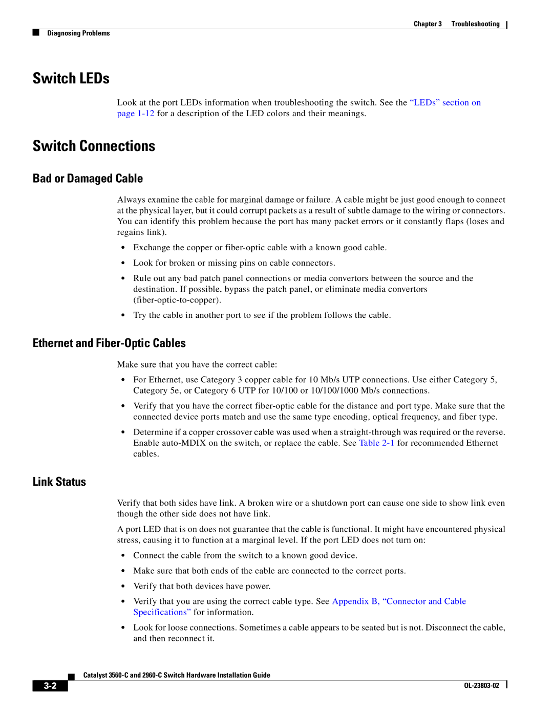 Cisco Systems 3560-C Switch LEDs, Switch Connections, Bad or Damaged Cable, Ethernet and Fiber-Optic Cables, Link Status 