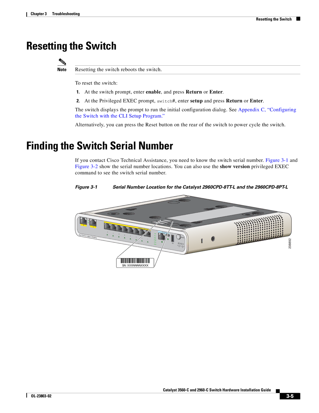 Cisco Systems 3560-C manual Resetting the Switch, Finding the Switch Serial Number 