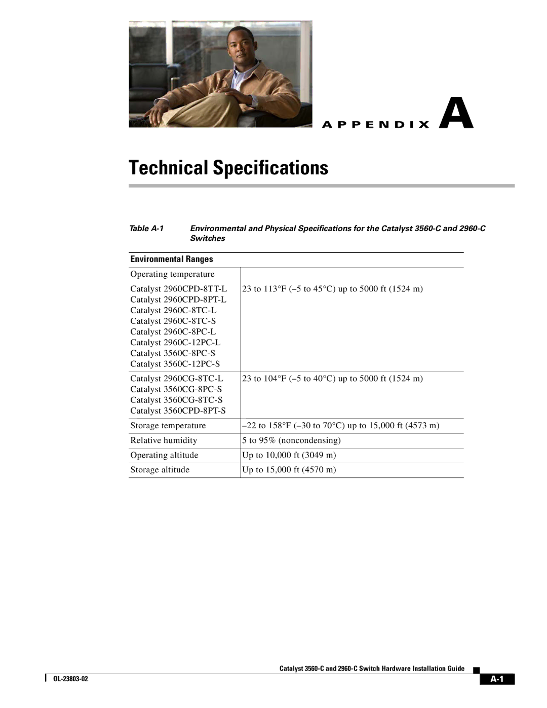 Cisco Systems 3560-C manual Technical Specifications, Environmental Ranges 