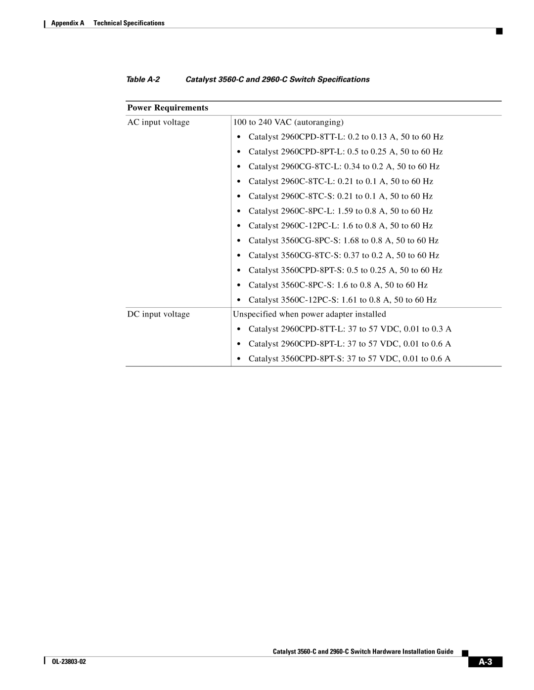 Cisco Systems 3560-C manual Power Requirements 