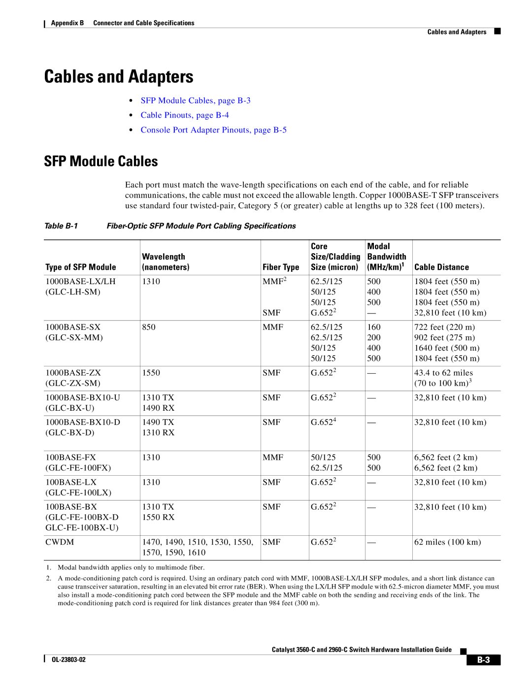 Cisco Systems 3560-C manual Cables and Adapters, SFP Module Cables, Core Modal Wavelength 