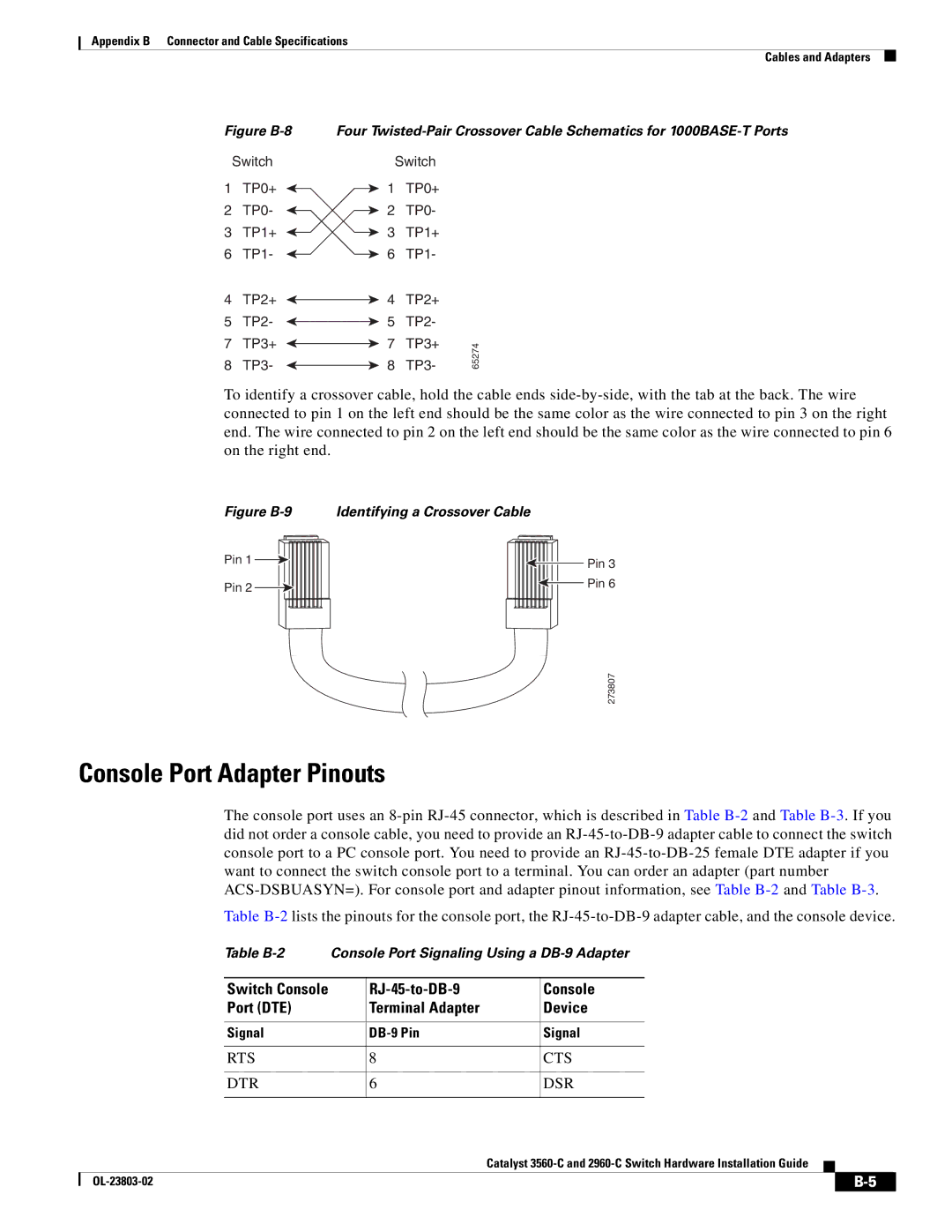 Cisco Systems 3560-C manual Console Port Adapter Pinouts, Switch Console RJ-45-to-DB-9 Port DTE, Device 