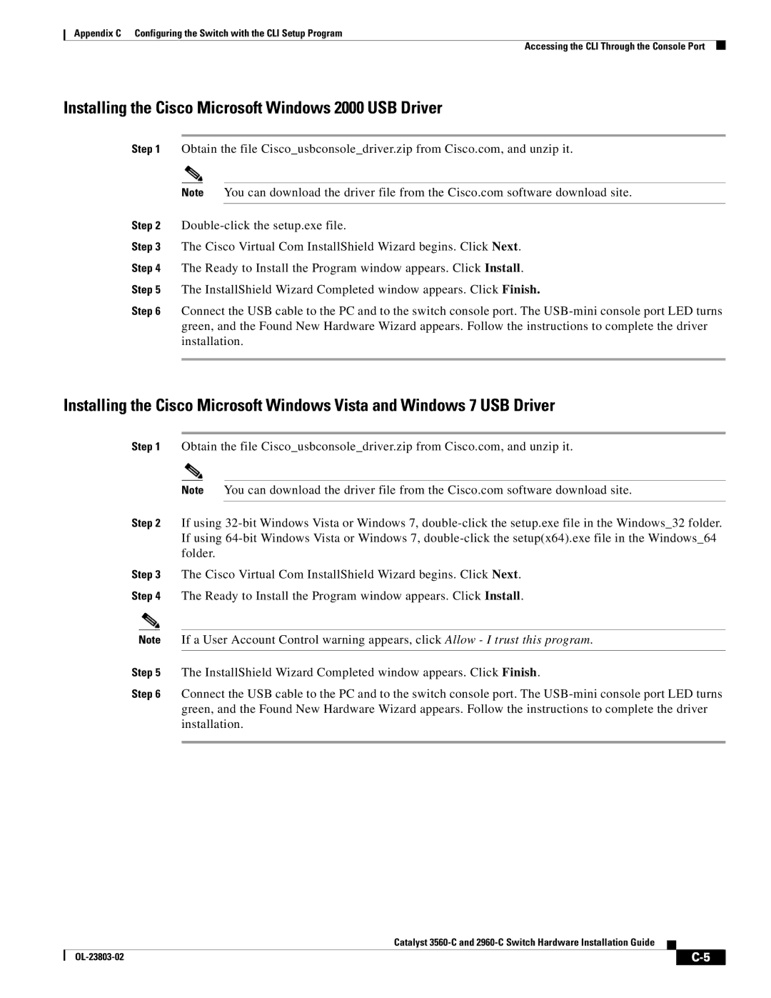 Cisco Systems 3560-C manual Installing the Cisco Microsoft Windows 2000 USB Driver 