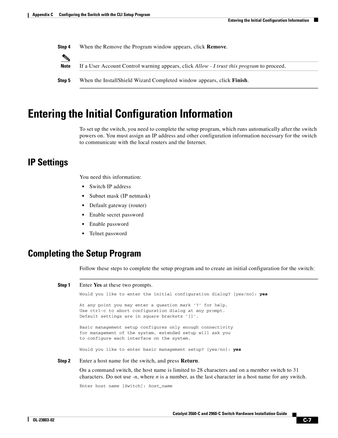 Cisco Systems 3560-C manual Entering the Initial Configuration Information, IP Settings, Completing the Setup Program 