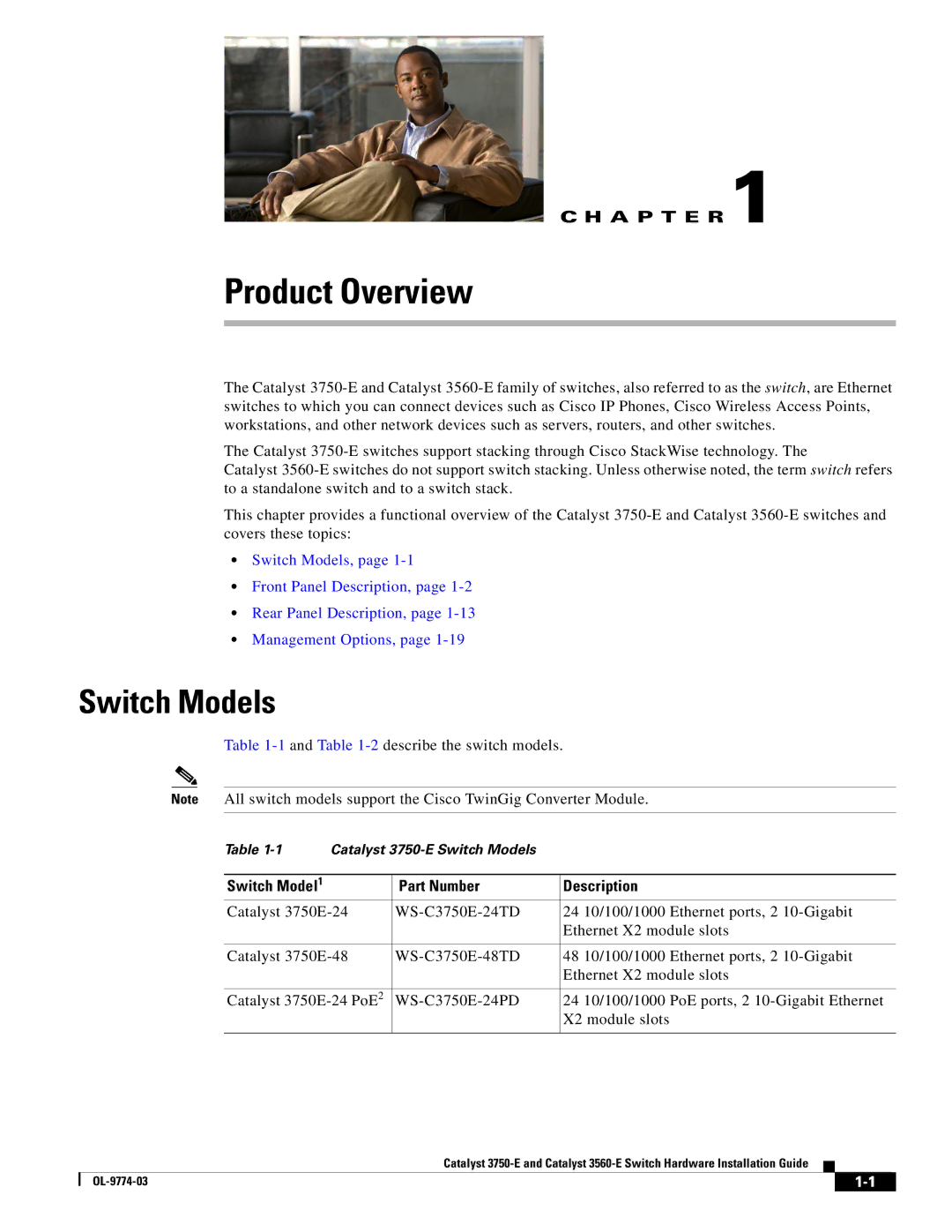 Cisco Systems 3750-E, 3560-E manual Switch Models, Part Number Description 