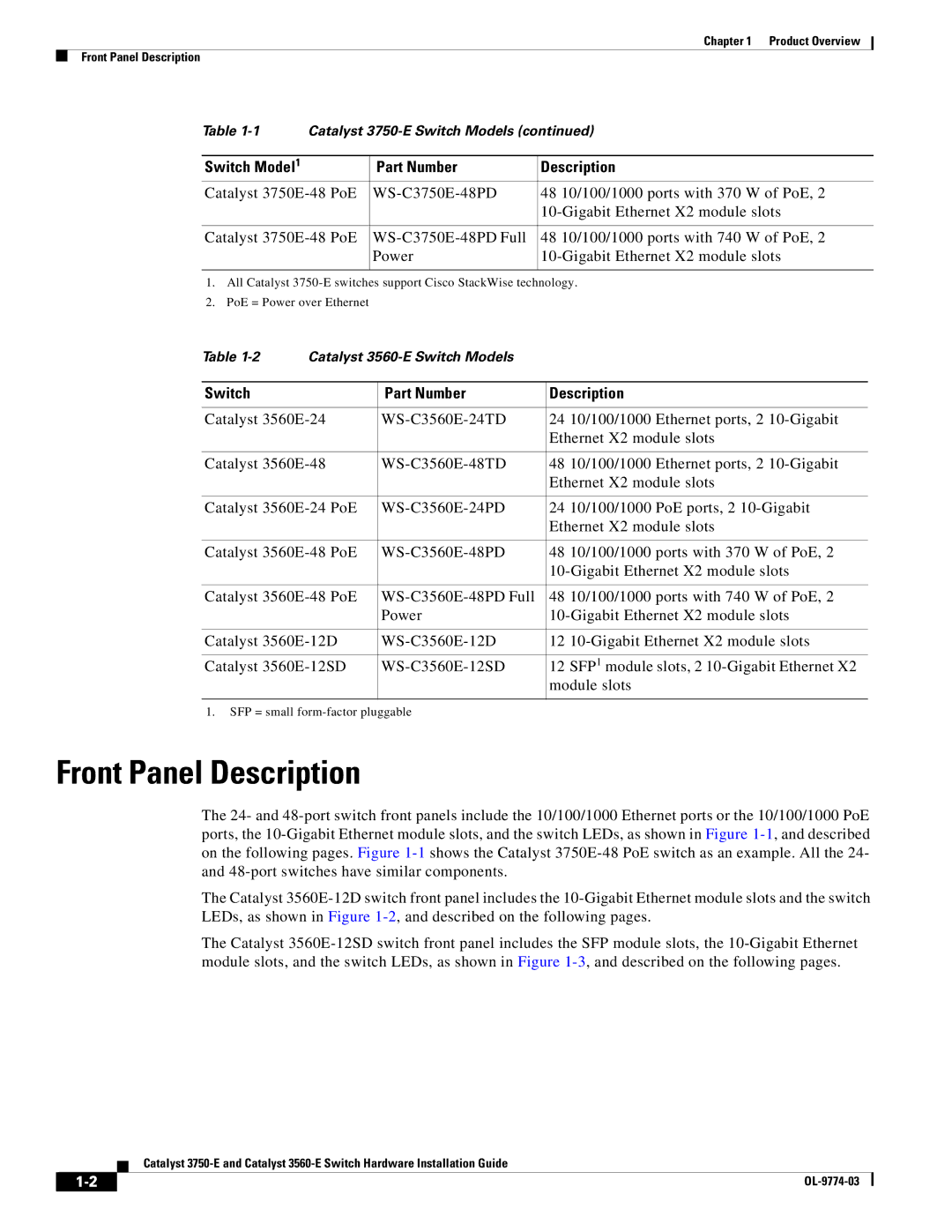 Cisco Systems 3560-E, 3750-E manual Front Panel Description, Switch Part Number Description 