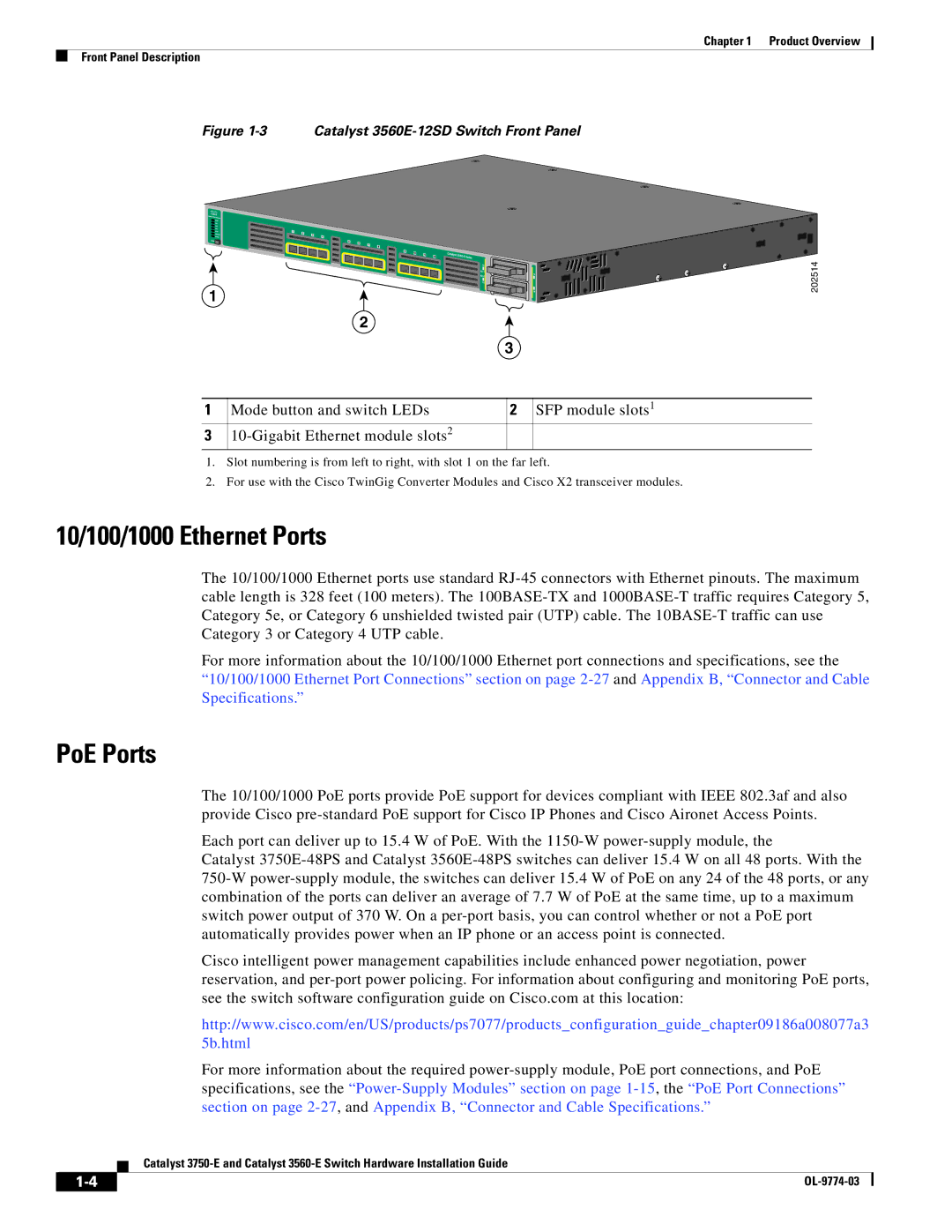 Cisco Systems 3560-E, 3750-E manual 10/100/1000 Ethernet Ports, PoE Ports 