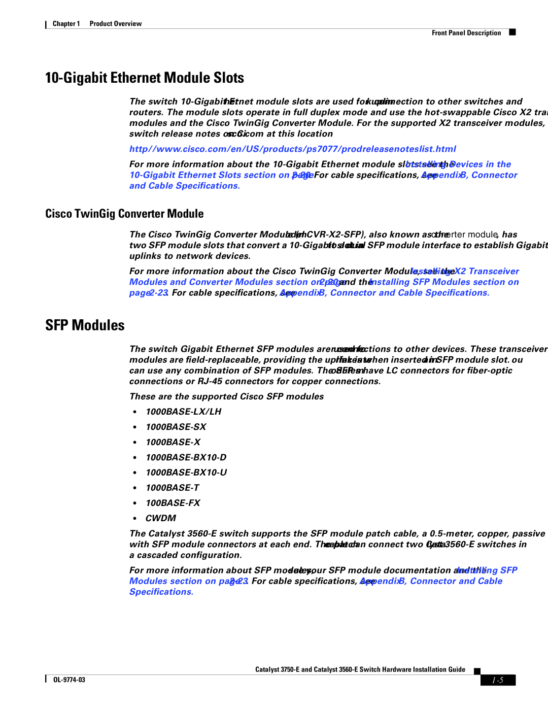 Cisco Systems 3750-E, 3560-E manual Gigabit Ethernet Module Slots, SFP Modules, Cisco TwinGig Converter Module 