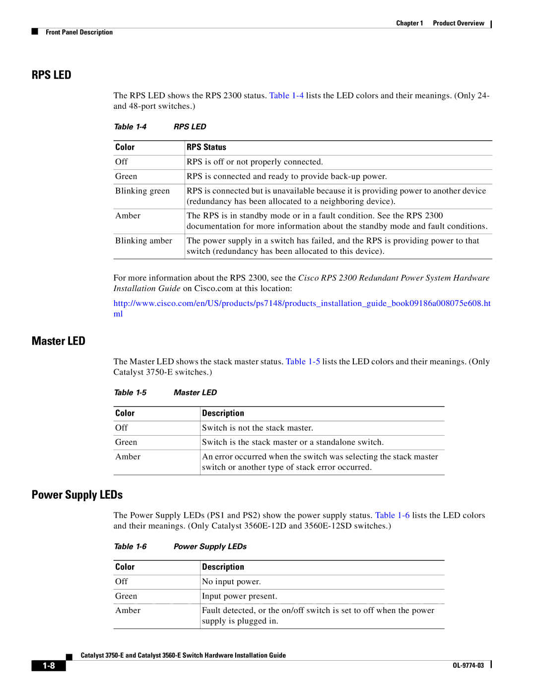 Cisco Systems 3560-E, 3750-E manual Master LED, Power Supply LEDs, Color RPS Status 