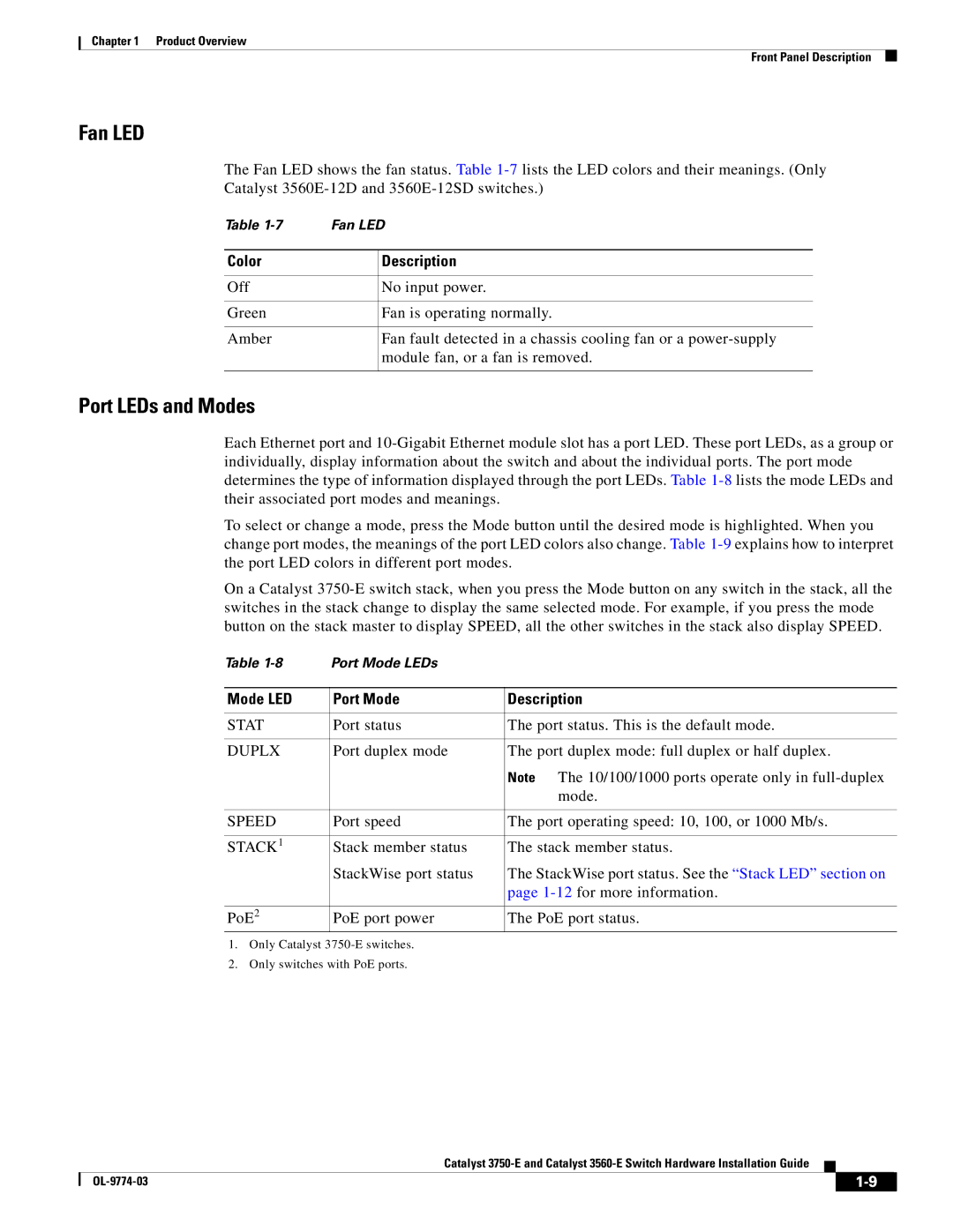 Cisco Systems 3750-E, 3560-E manual Fan LED, Port LEDs and Modes, Mode LED Port Mode Description 