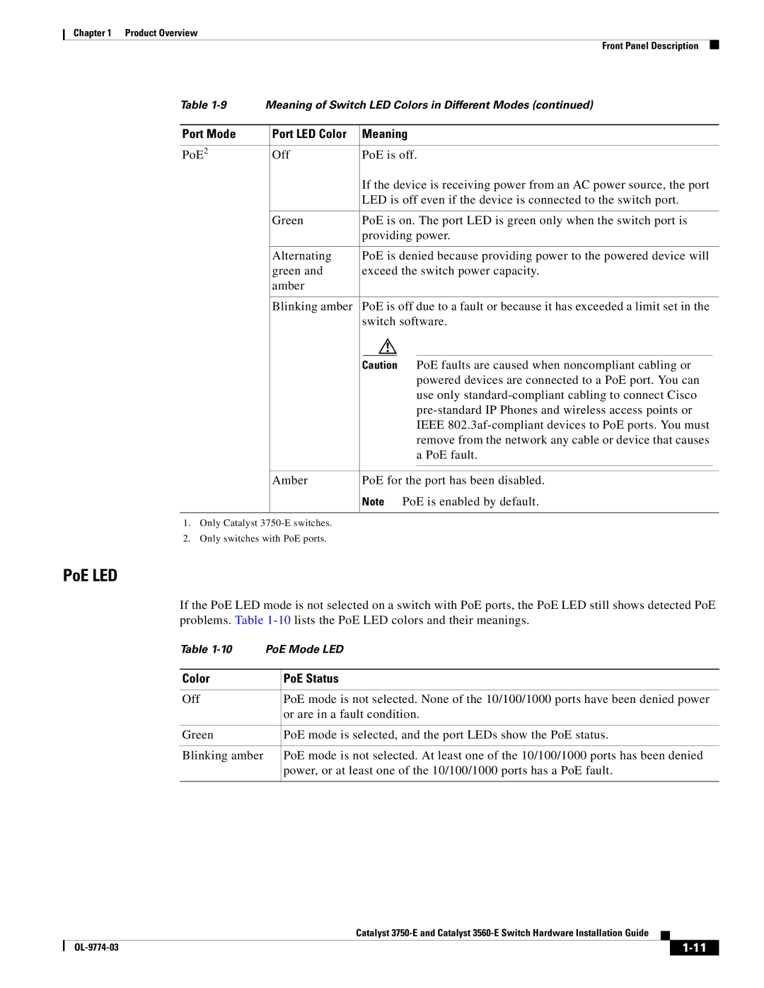 Cisco Systems 3750-E, 3560-E manual PoE LED, Color PoE Status 