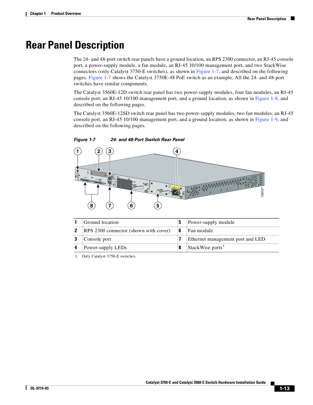 Cisco Systems 3750-E, 3560-E manual Rear Panel Description, and 48-Port Switch Rear Panel 