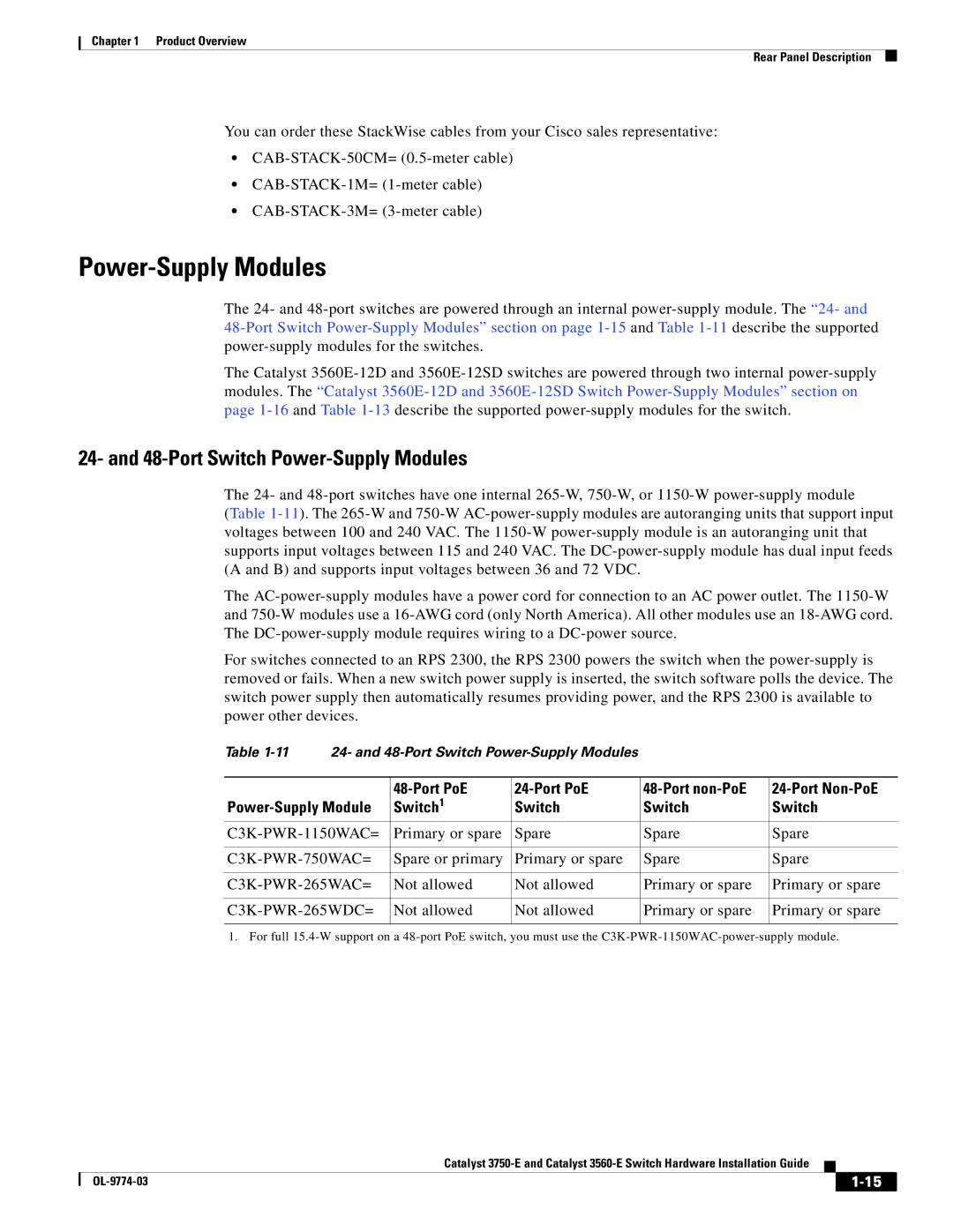 Cisco Systems 3750-E, 3560-E manual Port Switch Power-Supply Modules, Port PoE Port non-PoE Port Non-PoE 