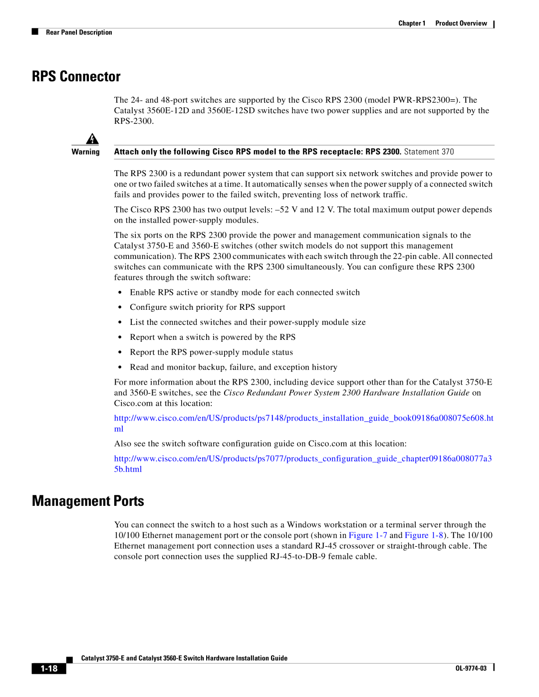 Cisco Systems 3560-E, 3750-E manual RPS Connector, Management Ports 