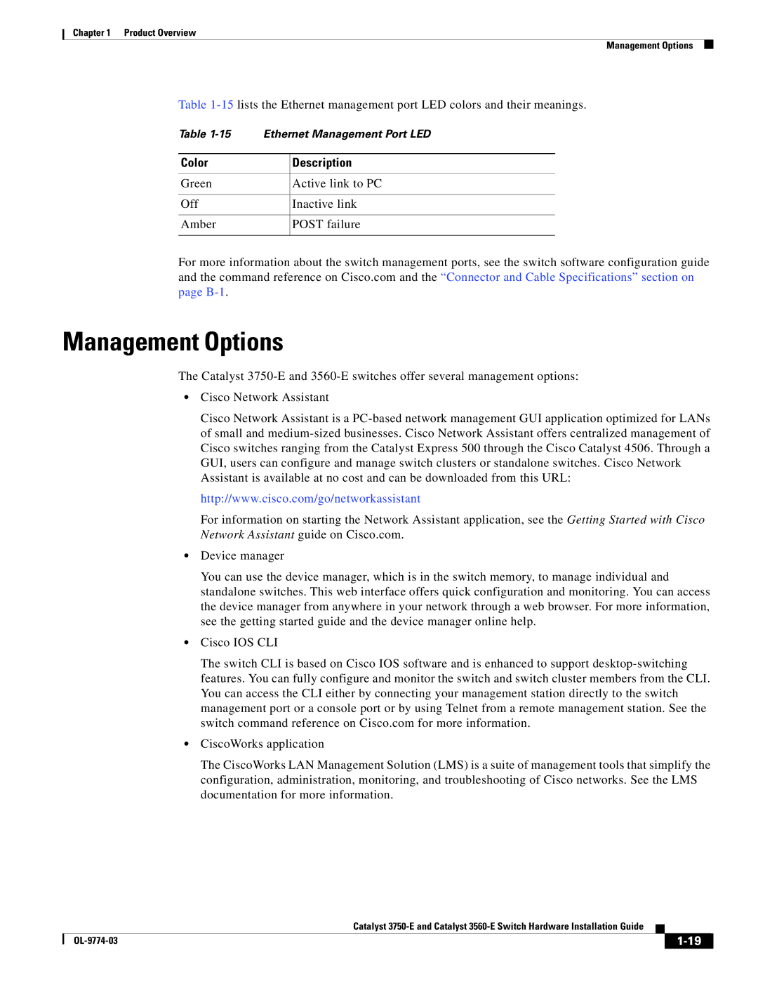 Cisco Systems 3750-E, 3560-E manual Management Options, Color 