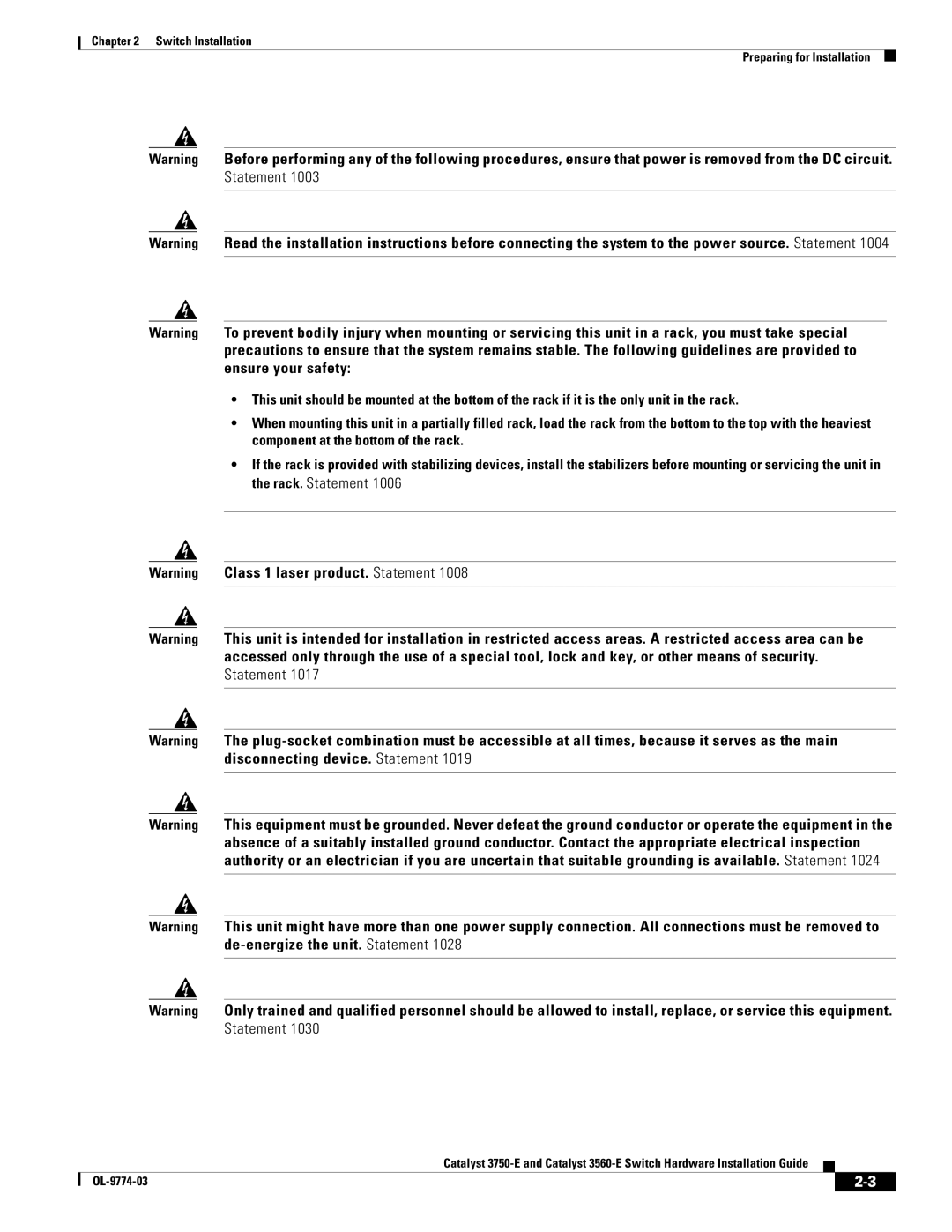 Cisco Systems 3750-E, 3560-E manual Switch Installation Preparing for Installation 