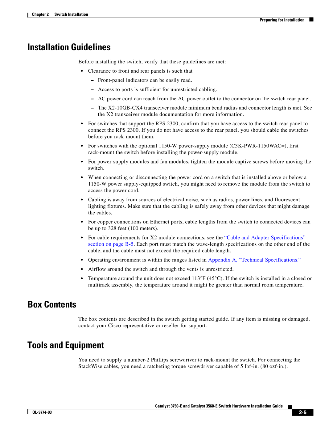 Cisco Systems 3750-E, 3560-E manual Installation Guidelines, Box Contents, Tools and Equipment 