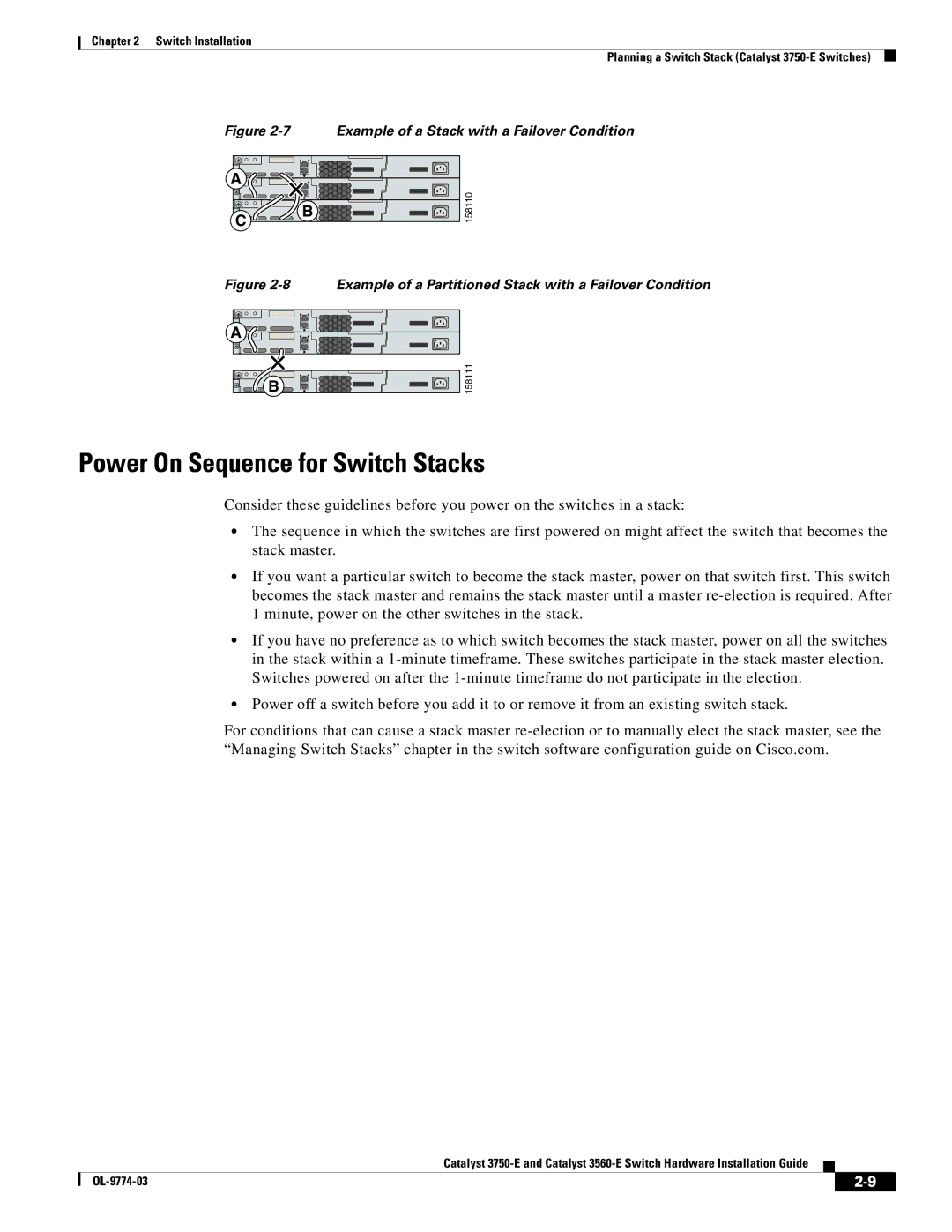 Cisco Systems 3750-E, 3560-E manual Power On Sequence for Switch Stacks, Example of a Stack with a Failover Condition 