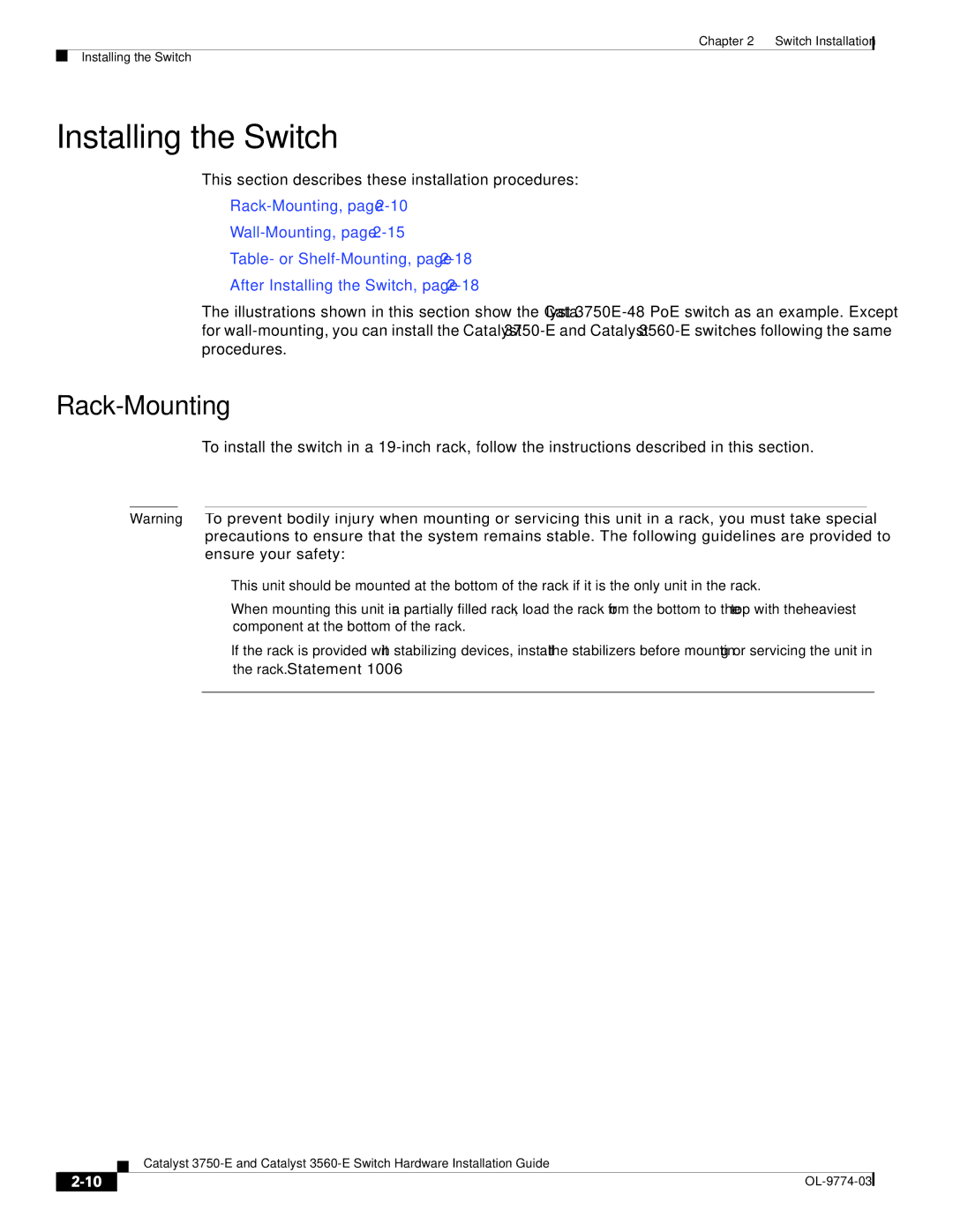 Cisco Systems 3560-E, 3750-E manual Installing the Switch, Rack-Mounting 