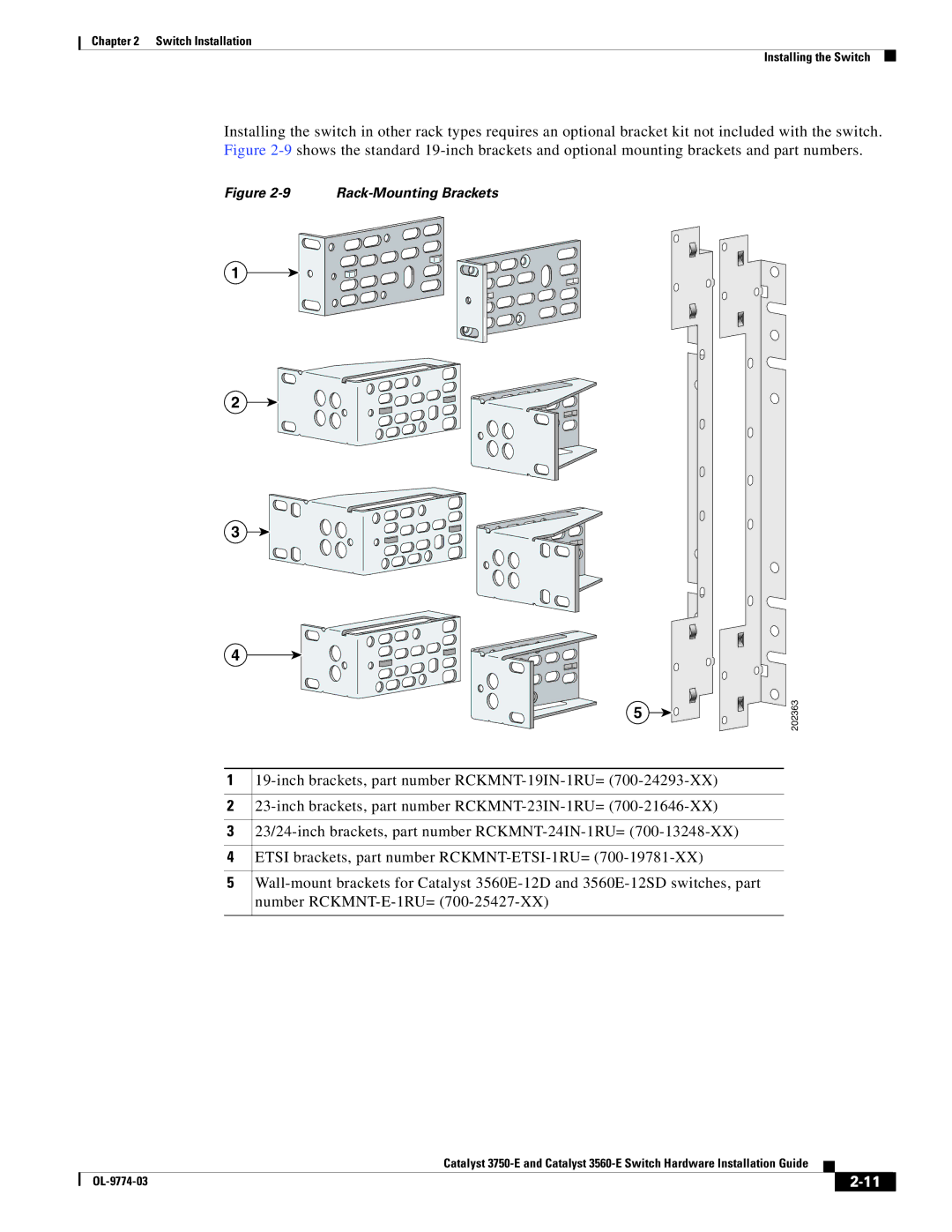 Cisco Systems 3750-E, 3560-E manual Rack-Mounting Brackets 