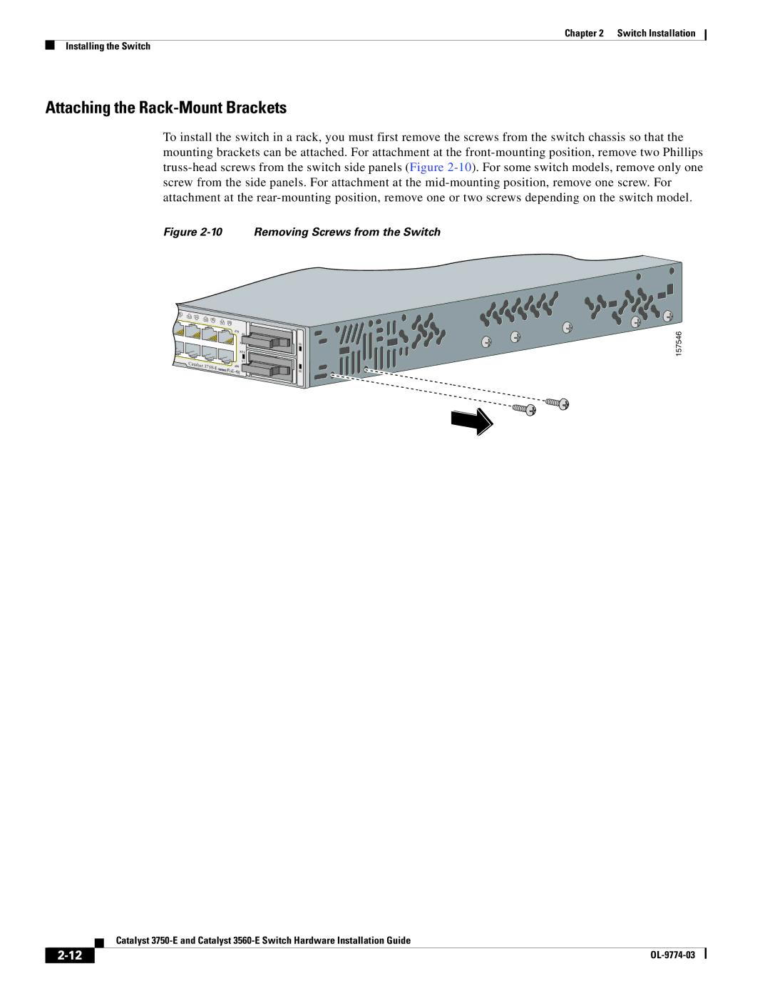 Cisco Systems 3560-E, 3750-E manual Attaching the Rack-Mount Brackets, Removing Screws from the Switch 