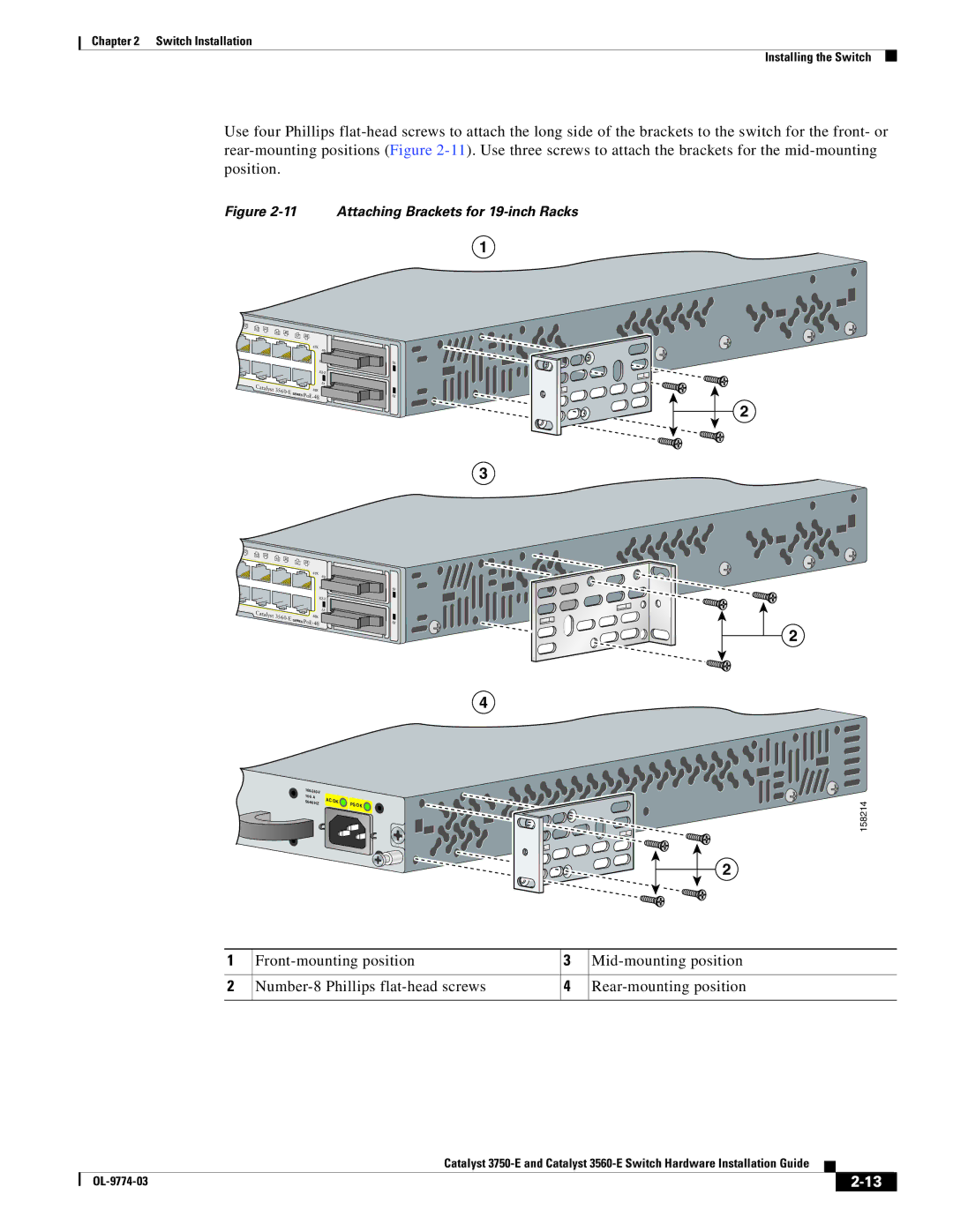 Cisco Systems 3750-E, 3560-E manual Attaching Brackets for 19-inch Racks 