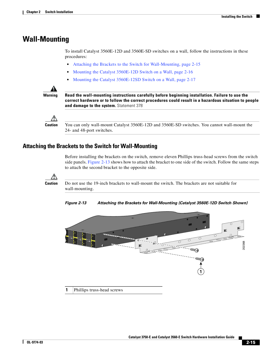 Cisco Systems 3750-E, 3560-E manual Attaching the Brackets to the Switch for Wall-Mounting 