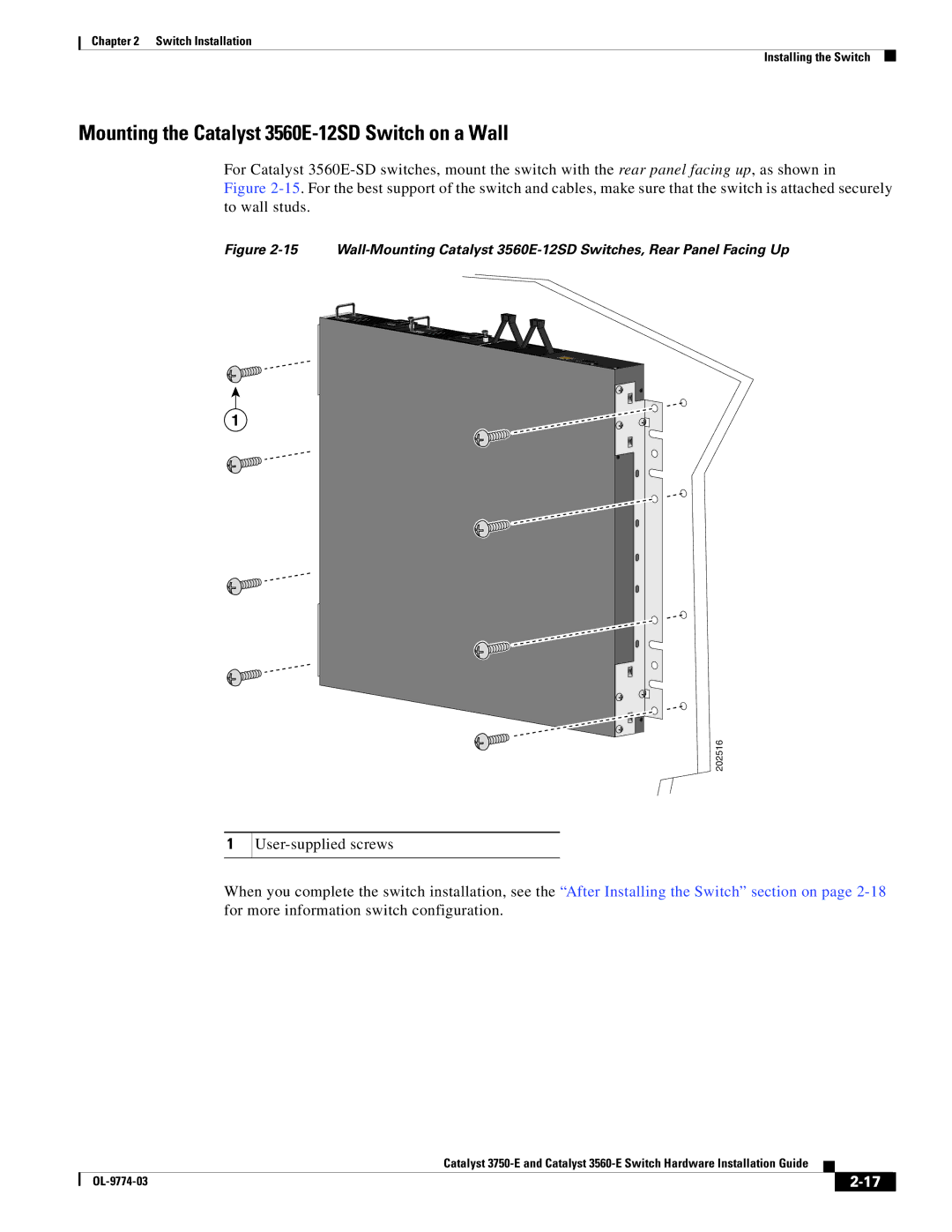 Cisco Systems 3750-E, 3560-E manual Mounting the Catalyst 3560E-12SD Switch on a Wall 