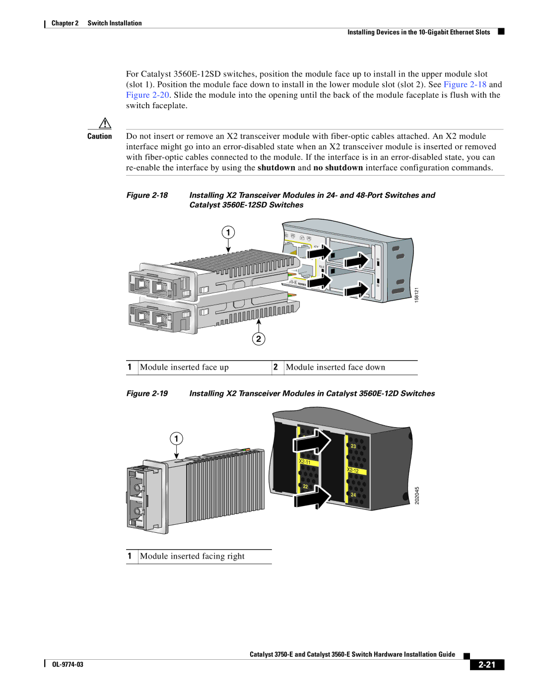 Cisco Systems 3750-E, 3560-E manual Module inserted face up Module inserted face down 